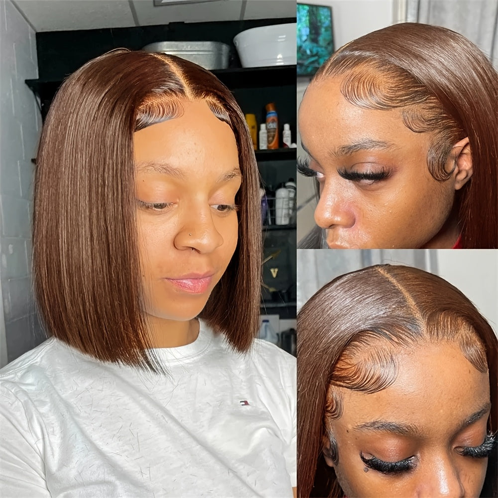 Silky Straight 13x5 Brown Bob Wigs Lace Front Human Hair Short Bob Pre Plucked Bleached Knots Lace Frontal Bob #4 Colored Wig